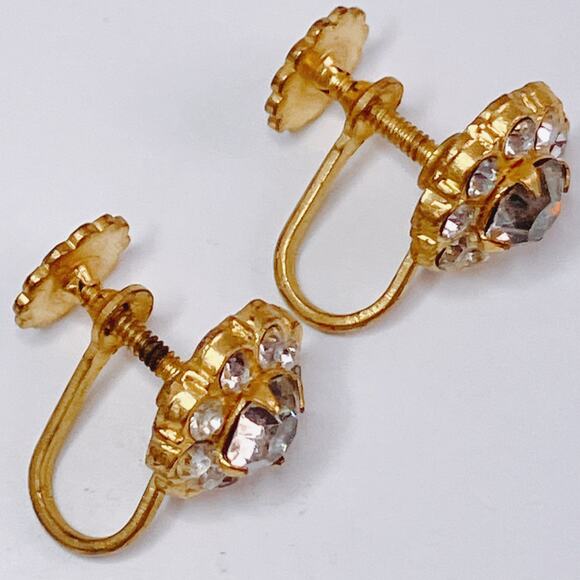 Vintage Coro Signed 1940s Rhinestone Screw Back Earrings Mid Century Gold Tone - Picture 7 of 14